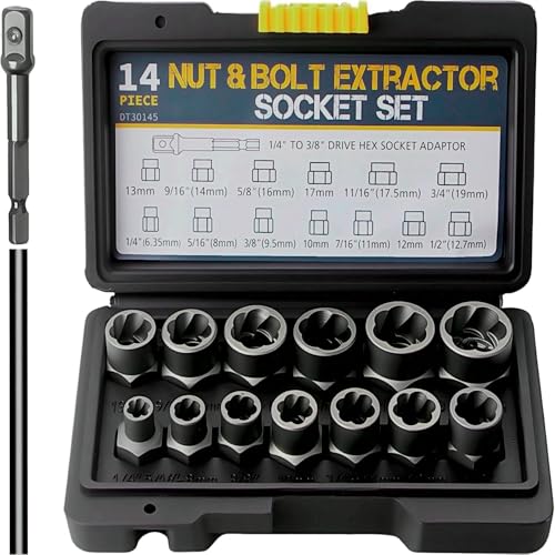 15-Teiliges Muttern Entferner Set: Schraubenausdreher Satz mit 13 Mutternsprenger und Sechskantadapter zum Entfernen von Beschädigten Verrosteten Schrauben Bolzen Muttern für Autoreparaturtechniker