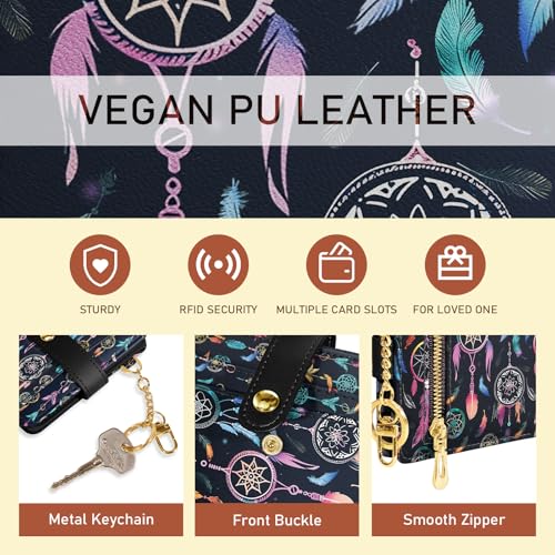 Image of Jogjam Colorful Dream Catchers with Feathers Rfid Ladies Wallet, Small Credit Card Women Wallet, Boho Traditional Circular Net PU Leather Bifold Cash Zipper Coin Pocket for Female Blessing