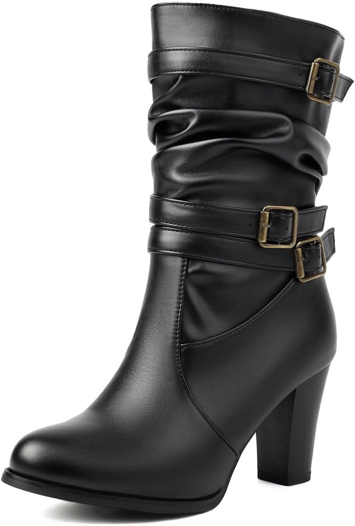 Fashion Womens Platform Shelley Mid Calf Boots Pull On Chunky Heel Slouch Boots
