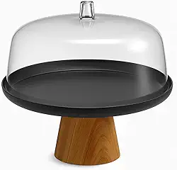 Boleira com Cúpula e Base em Bambu, Com Tampa Transparente, para Bolos Tortas Doces Sobremesas, Base Resistente, Design Elegante, Proteção, Decoração Bancada Cozinha Mesa (Preto)