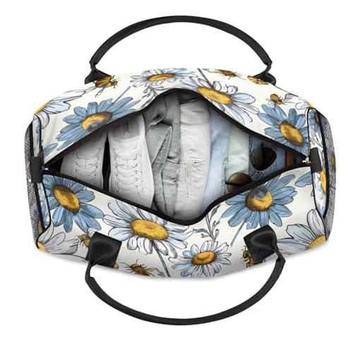 Personalized Floral Daisy Travel Duffel Bag with Name, Custom Gym Sport Bag Yellow Bee Carry On Weekend Overnight Duffel Bag for Men Women4