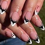 Vopintpy Blood Drop Bat Halloween Press on Nails Long Almond Fake Nails White French Tip Acrylic Glue on Nails Reusable Glossy Stick on Nails for Women DIY Day of the Dead Manicure