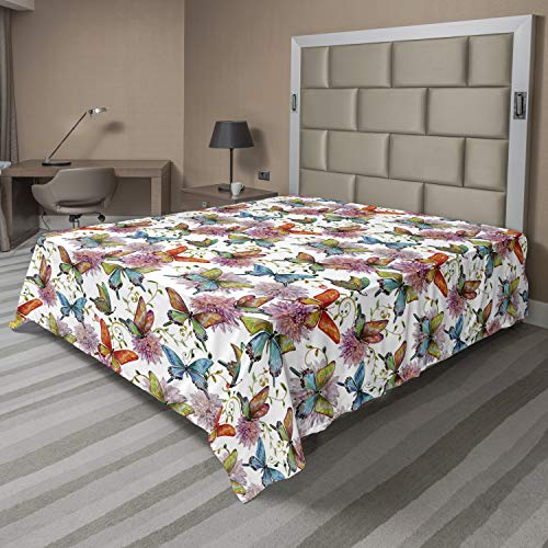 Ambesonne Butterfly Flat Sheet, Flying Butterflies with Floral Elements Vivid