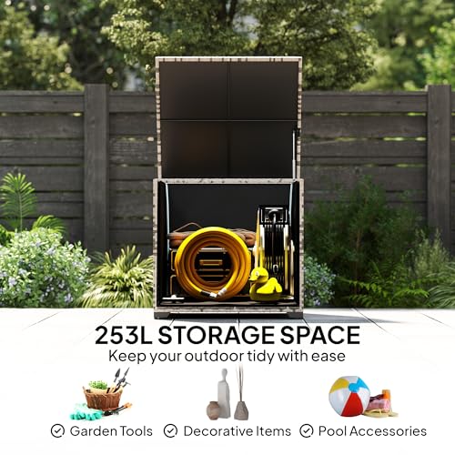 Outsunny 253L Garden Storage Box, Rattan Deck Box with Waterproof Zipped Liner, Safe Pneumatic Rod, Patio Rattan Storage Container for Backyard Gardening Tools, Mixed Grey 3 Outsunny 253L Garden Storage Box, Rattan Deck Box with Waterproof Zipped Liner, Safe Pneumatic Rod, Patio Rattan Storage Container for Backyard Gardening Tools, Mixed Grey - Image 3