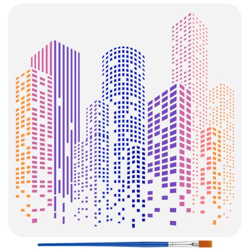 FINGERINSPIRE Pochoir Gratte Ciel Avec Pinceau 30x30cm Réutilisable Modèle de Dessin de Bâtiments Urbains Grand Pochoir de Bâtiments Hauts Modèle Paysage Urbain...