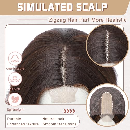 Buppler Brown Highlight Wig 18 Inch Medium Length Wigs For Women Middle Part Synthetic Hair Wavy Wig With Upgraded Strands,Natural Hair Wig For Daily Party/Halloween Use 18Inch,Brown Highlight thumb #2