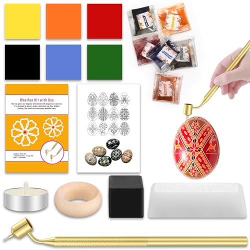 Blushtier 12 Pcs Ukrainian Easter Egg Decorating Kit Pysanky Traditional Easter Decorating Set 0.5mm Kistka Pen Egg Stand Candle Beeswax Instructions and 6 Dyes for Color DIY Craft Set