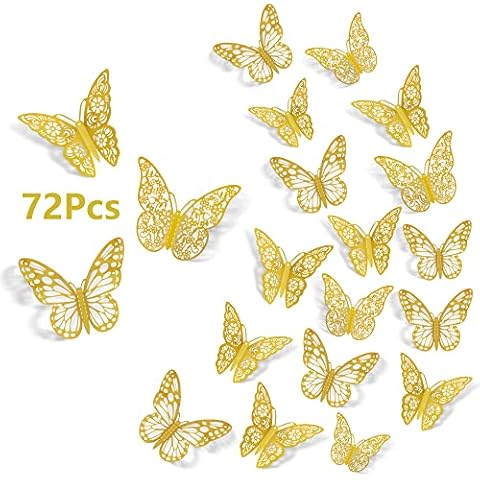 3D Butterfly Wall Stickers, 72Pcs 3 Sizes 3 Styles, Removable Metallic Wall Decals Fridge Sticker Room Mural Decoration for Kids Bedroom Nursery Classroom Party Wedding Decor DIY Gift (Gold) Cover