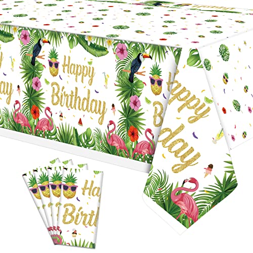 Dvaorc 4 Pack Hawaiian Luau Tablecloths Hawaii Disposable Plastic Table Covers Tropical Table Cloth Summer Beach Birthday Party Tablecloth Palm Leaves Tablecloth (51X86 Inch, Hawaiian Happy Birthday) #TOP4