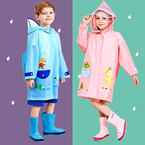 Boy Girl Rain Poncho with Hood Water-Proof Rain Coat Kids Toddler Raincoat Cartoon Schoolbag Portable (Blue, 5-6 Years)