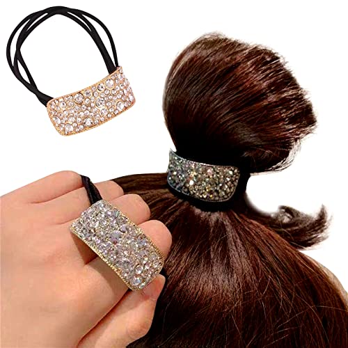 Sparkle Ponytail Cuff Metallic U-shaped Hair Rings Silver or Gold Elastic Hair Ties Rhinestone Ponytail Holder Spring Clasp Wrap Ponytail Cover Hair Clips Hair Rope for Dancers,Cheerleader,Sports,2