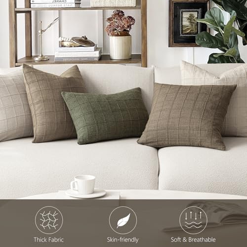 Image of Foindtower Set of 2 Decorative Linen Check Throw Pillow Covers Neutral Farmhouse Vintage Cushion Covers Modern Boho Home Decor for Sofa Chair Couch Bedroom Living Room,16x16 Inch,Light Brown