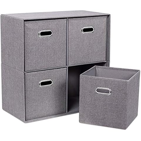 BIRDROCK HOME Linen Cube Organizer Shelf with 4 Storage Bins - Durable, Collapsible Multi-Purpose Shelving Unit for Bedroom, Closet, or Dorm, Compact Cubbie Shelf for Toys, Clothes, or Towels - Grey Cover