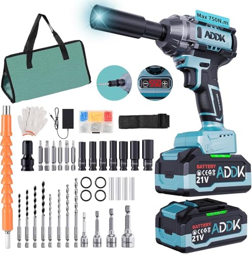 BursDany Atornillador de impacto con batería de 750 N.m, taladro de impacto con baterías de 4000 mAh, motor sin escobillas, 6 velocidades 2600 rpm, 7 llaves de vaso, 6 puntas P, 4 taladros, completo