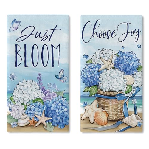 Croar Beach Spring Summer Hydrangea Flower Kitchen Dish Towels Set of 2