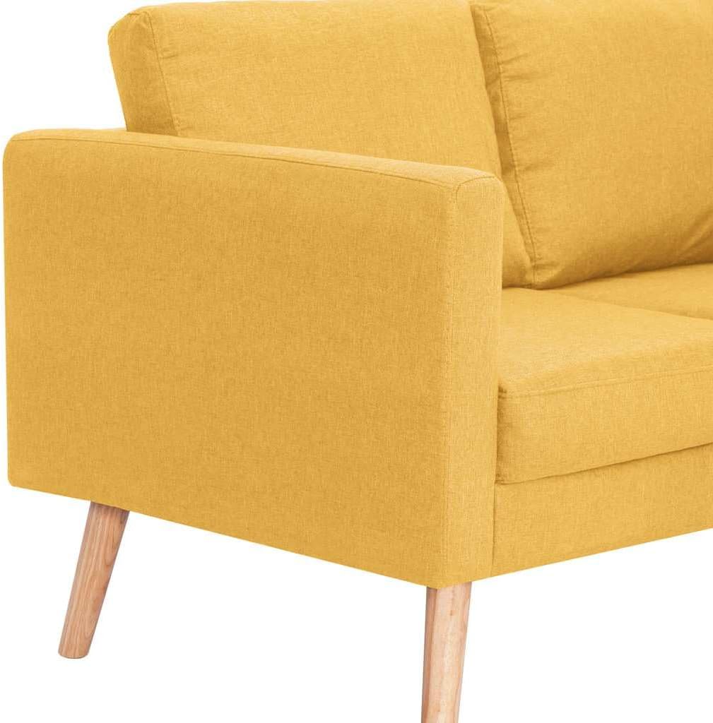 Close-up view of the armrest and side of the vidaXL 2-Seater Sofa, showing the yellow fabric texture and the wooden leg.