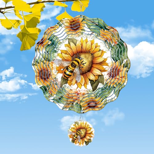 Rngmsi Wind Spinners Outdoor Garden Decor for Outside 3D Metal Sunflower and Bee Wind Spinner Hanging Decor Kinetic Art for Yard 12 in Stainless Steel Hanging Gifts for Women Housewarming