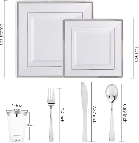 Miniatura 3 de I00000 - Paquete de 150 piezas, platos cuadrados, cubiertos y vasos desechables de plástico plateados que incluyen: 25 platos llanos, 25 platos de