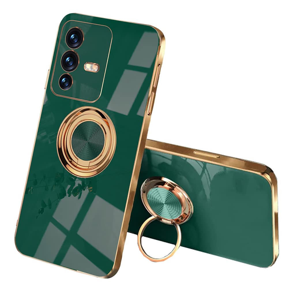SEEKOO Case for Vivo V23 5G / Vivo S12, Ultra Thin TPU Bumper Shockproof Soft Cover Electroplating Phnom Penh Design Silicone Skin Slim Case with 360 Degree Ring Kickstand, Dark green