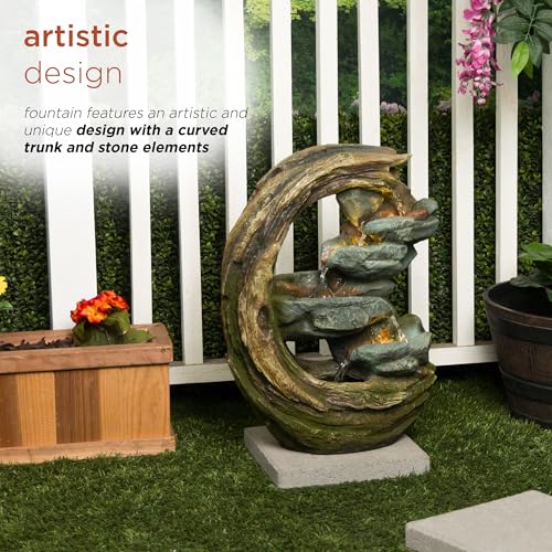 Alpine Corporation WIN1554S Outdoor Curved Trunk and Stone Floor Fountain with Warm White LED Lights, Tiered Garden Decor, 24" H, Brown - Image 6