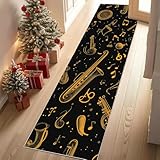 Jijliczc Retro Musikinstrumente Teppich Läufer rutschfest Waschbar 80x150 cm, Musik Notiz Drucken Flurteppich Küchenteppich Teppichläufer für Bettvorleger Wohnraum Flur Waschküche