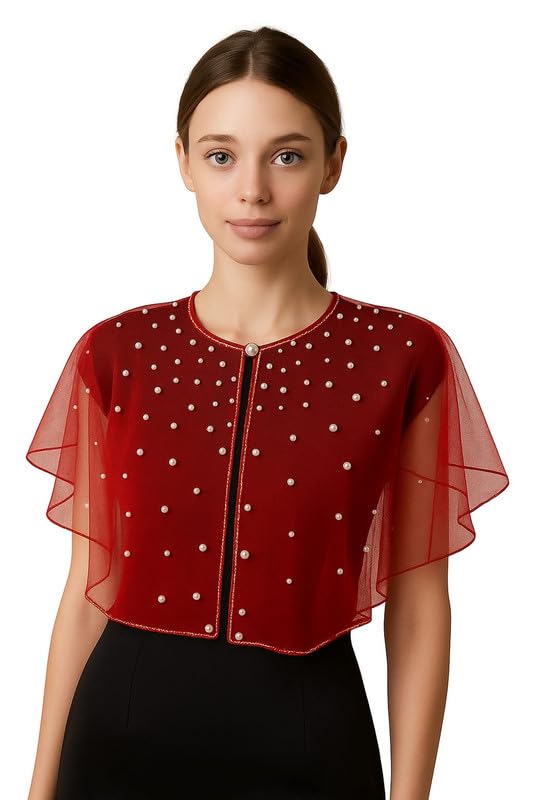 RABBA Women's Red Net Pearl & Beaded Capelet Shrug | Golden Beads, White Pearls | Festive Poncho Cape for Sarees, Suits & Blouses