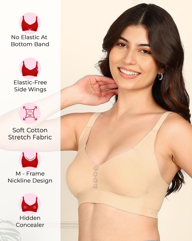 Image of Komli M-Frame Non-Padded Cotton Bonded Seamless Minimiser | Full Coverage | Hidden Concealer | Elastic-Free Comfort | Wire-Free | Side Wings with Gripper | Adjustable Straps