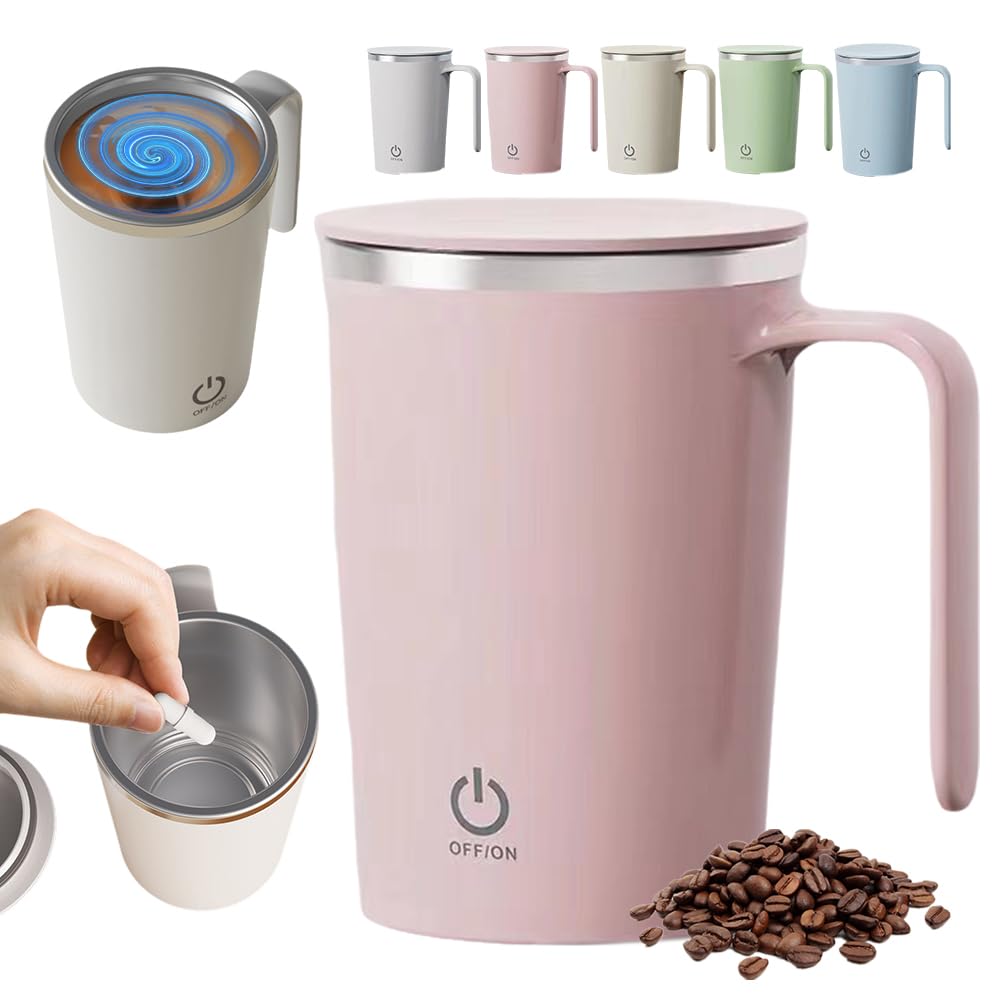 YAUNJI 2025 New Automatic Magnetic Stirring Coffee Mug, Rechargeable Automatic Coffee Mug with Temperature Battery LCD, Smart Coffee Cup for Office Home (Pink)