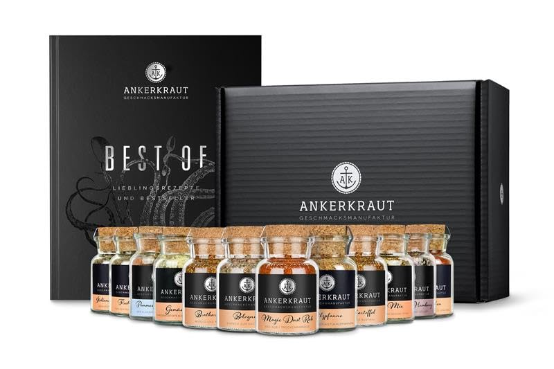Ankerkraut Best of Kochbuch-Set mit 12 Korkengläsern, 1000g Gewürze plus Kochbuch, einfache...