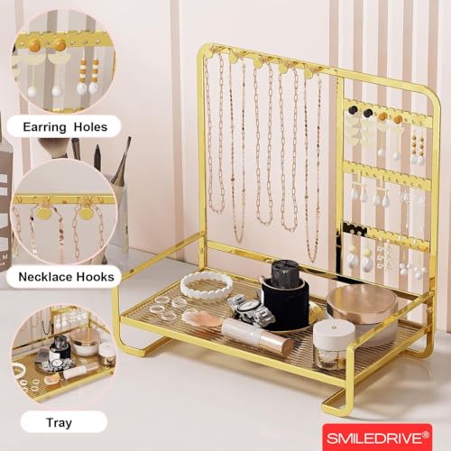 Image of SMILEDRIVE Premium Metal Jewelry Stand Organizer, Gold | Sleek Tabletop Holder, For Necklaces, For Earrings, For Rings & Bracelets
