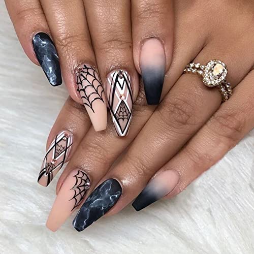 Halloween Press on Nails Medium, Coffin Fake Nails with Nail Glue, Ballerina Acrylic Nails Full Covers Matte Black Press on False Nails with Spider Web Design Stick on Nails for Women Girls 24PCS
