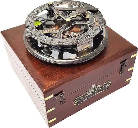 Brújula de bolsillo de latón antiguo con caja de madera miniatura 3