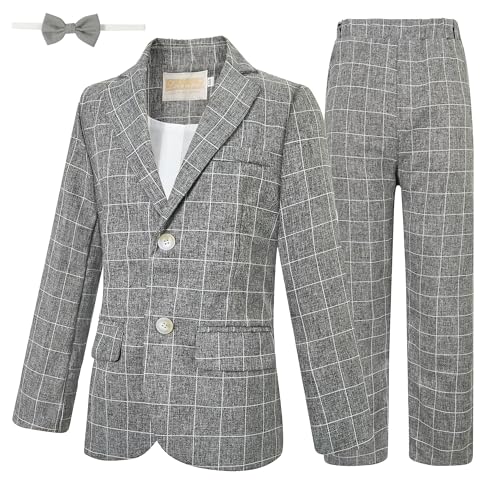 Image of LOLANTA Boys Suit Wedding Ring Bearer Outfit Kids Formal Wear Dress Clothes | Boy 3-Piece Plaid Suits, Sport Coat Blazer and Pants Set with Adjustable Bow Tie, Gentleman Birthday Party Graduation Outfits