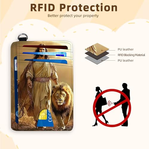 Ultra-Thin Front Pocket Wallet with Wrist Strap, RFID Blocking Security Pockets for Business Card Holder, PU Leather Secure Multi-slot Card Pocket, Lion Of Judah Jesus4
