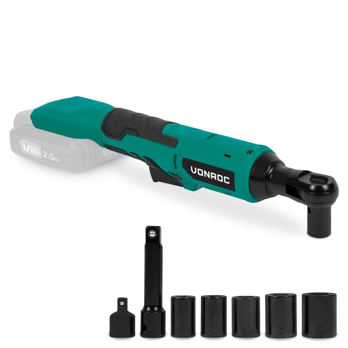VONROC Clé à cliquet sans fil 20V – Compacte, 50Nm, 300 tr/min, LED, 3/8", Kit 8 douilles – Outil électrique pour voiture, moto, quad, mécanique auto