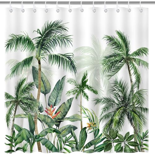 Avezano Tropical Palm Tree Shower Curtain Summer Jungle Leaves Plant Bathroom Waterproof Fabric Bathtub Decor with 12 Hooks 72 X 72 Inch - Image 3