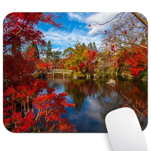 Wknoon Gaming/Office Mouse Pad 9.5"x 7.9", Japanese Autumn Red Maple Reflecting Pond Kyoto Temple Garden with Fall Foliage, Cute Anti-Slip Desk Mat