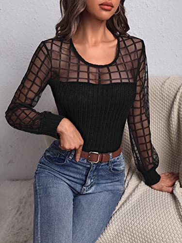 Mulheres Tops Xadrez de contraste Malha (Color : Black, Size : M)
