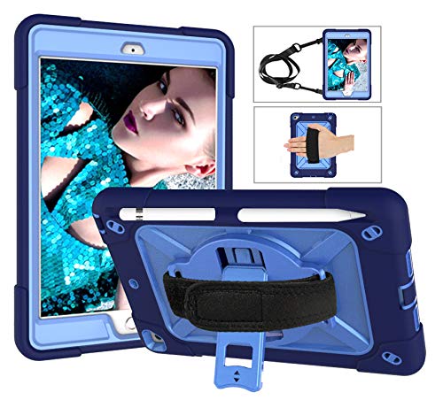 iPad Mini 1 / iPad Mini 2 / iPad Mini 3 Case - Ultra Hybrid Shockproof Three Layer Case with Pen Holder & Shoulder Strap & 360 Rotating Stand - Dark Blue & Blue