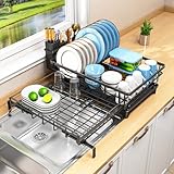 OrderlyGo Egouttoir Vaisselle, Extensible Égouttoir à Vaisselle avec Porte-ustensiles, Économisez de l'espace Egoutoire Vaisselle Cuisine et Drainage Automatique, pour Cuisine, Noir