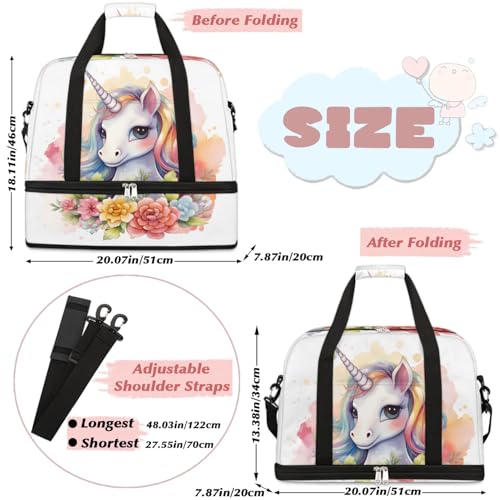 Travel Duffel Bags Watercolor Unicorn Flower Foldable Weekender Bags for Women with Shoes Compartment Waterproof & Tear Resistant Carry on Overnight Luggage Duffel Bag Shoulder Sports Tote Bag,A-1742