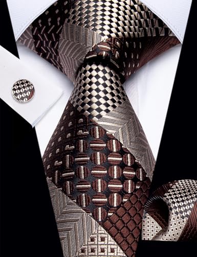 Image of Striped Plaid Ties for Men Silk Formal Necktie Set | 3.15 inch(8cm) Woven Jacquard Mens Ties with Necktie Pocket Square Cufflink Tie Clip Lapel Pin for Wedding Business Party