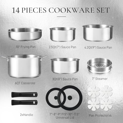 CAROTE 14-Piece Stainless Steel Cookware Set with Removable Handle
