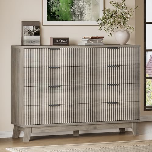 Image of BORNOON 53 inch Wide Dresser for Bedroom, 8-Drawer Fluted Chest of Drawers, Modern Wood Highboy with Metal Slides and Handles, Anti-Tip Kit, Vertical Clothes Storage Organizer for Apartment, Closet