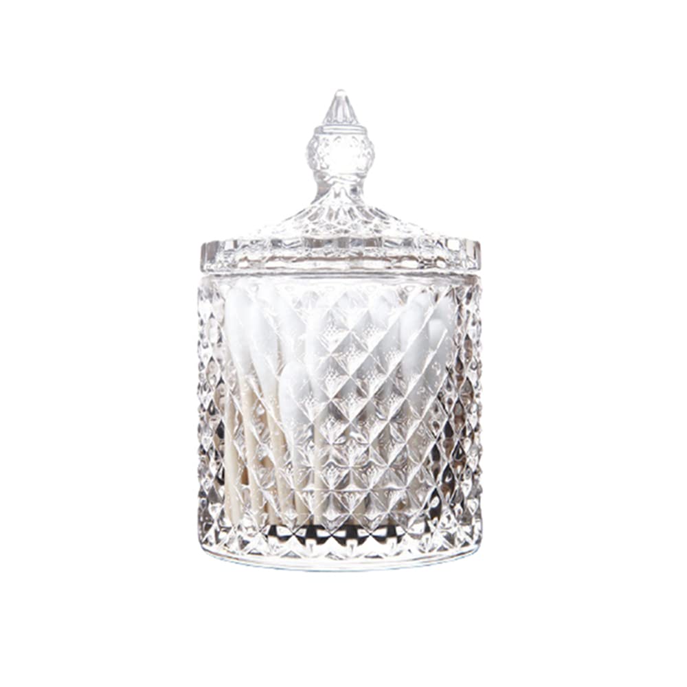 Glass Qtip Holder with Lid Decorative Glass Apothecary Jar Crystal Canister Jar Bathroom Vanity Organizer for Q-tips Cotton
