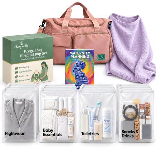 Pregnancy Bag For Hospital - Complete Labour And Delivery Set With Hospital Bag, 21 Organiser Pouches, Planner Book & Nursing Shawl - Premium Expectant Mum Hamper & Baby Shower Set, Pink