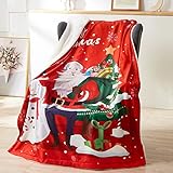 Merry Christmas Sherpa Throw Santa Calus Blanket, Snowman Pattern Reversible Xmas Throw Super Soft C