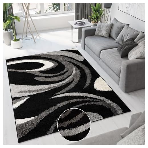 TAPISO Delhi Alfombra de Pelo Largo Suave Mullida Shaggy Frise Diseño Moderno Negro Gris Blanco Alfombra de Salón Dormitorio Habitación Infantil 140 x 200 cm