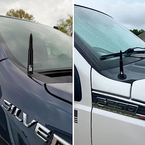 Image of Car Truck Bullet Antenna with Tire Valve Caps American Flag Universal Short Replacement for GMC Sierra Chevy Silverado Dodge Ram 1500 2500 3500 Ford F150 F250 F350 Super Duty Accessories, Matte Black