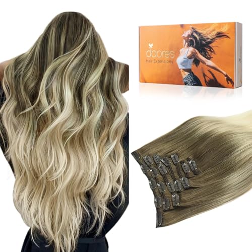 Image of DOORES Clip in Hair Extensions, Ash Brown to Platinum Blonde 135g 7pcs 16 Inch, Remy Silky Hair Extensions Clip in Human Hair Natural Straight Weft Gift